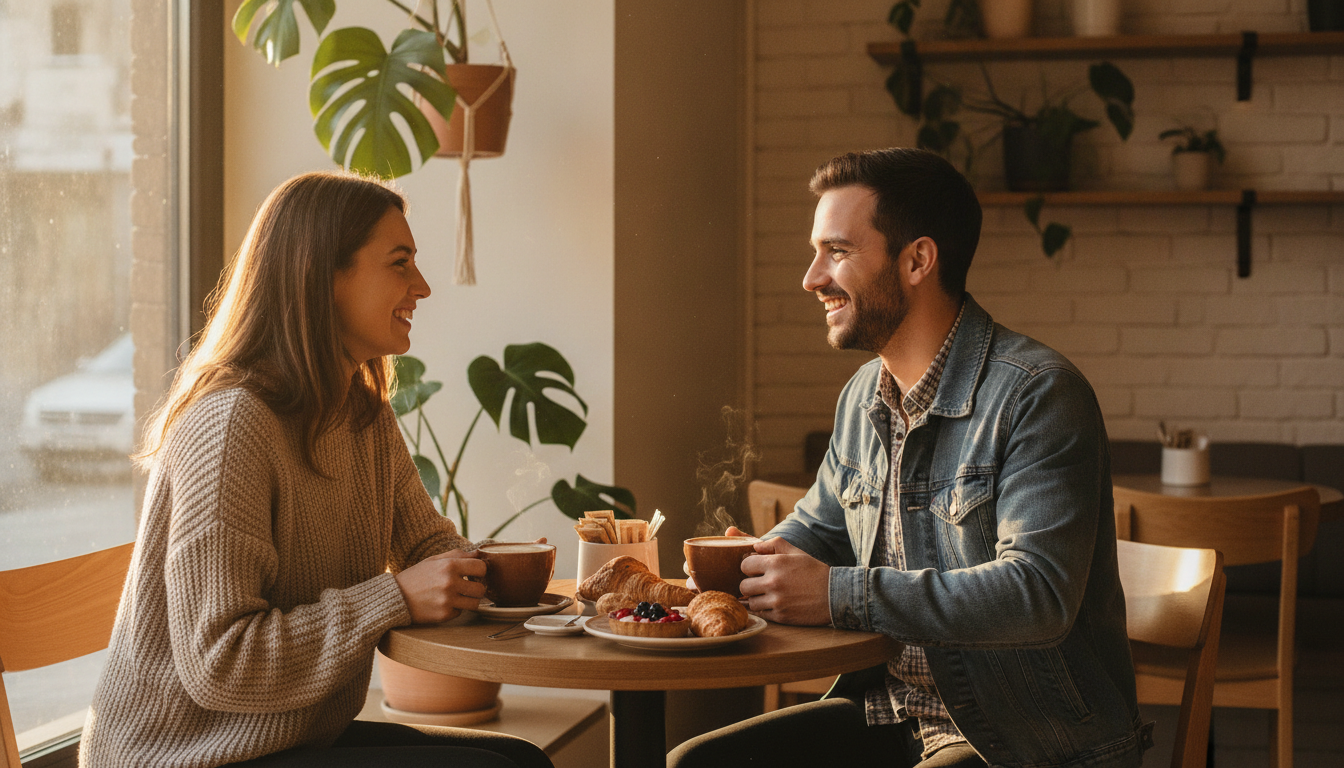 Paar beim ersten Treffen lächelt sich im gemütlichen Café an