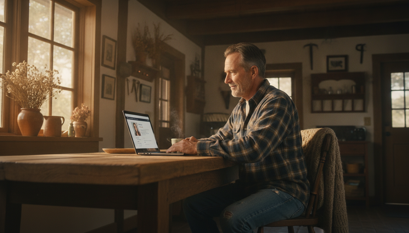 Landwirt sitzt am Küchentisch und erstellt sein Profil auf dem Laptop