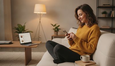 Frau tippt lächelnd eine Nachricht auf dem Smartphone beim Online-Dating zu Hause