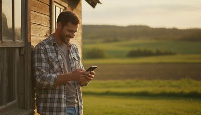 Landwirt steht lächelnd vor Bauernhof und schaut auf sein Smartphone bei Sonnenuntergang